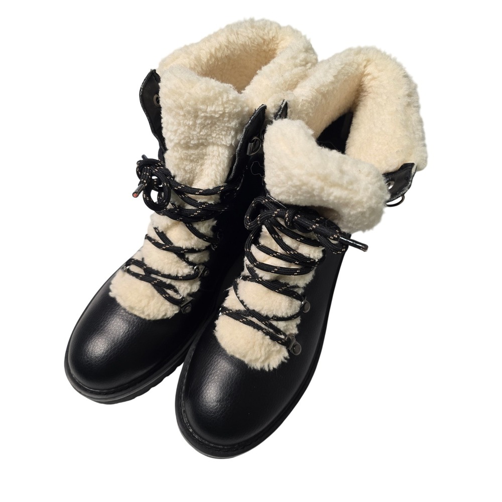 Tommy Hilfiger Womens Black Faux Shearling Trim Lace Up Hiking Combat Boots 8M